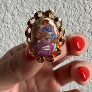 Limoges France Porcelain Hand Painted Miniature Portrait 2 Ladies Brooch Pin